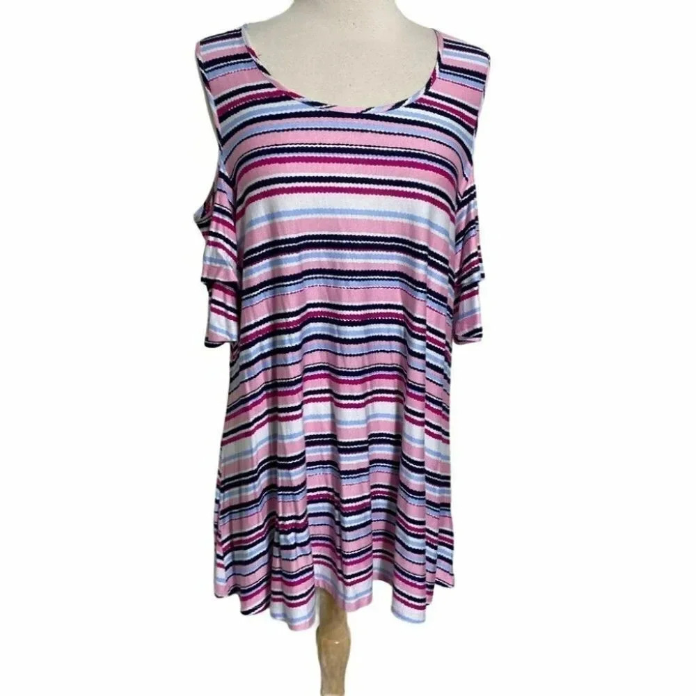 Elle XL pink blue white cold shoulder striped top